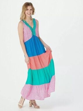 Tolani Colorblock Maxi Dress Pink Blue Green LP Ruffled Maxi Dress Pink, Blue